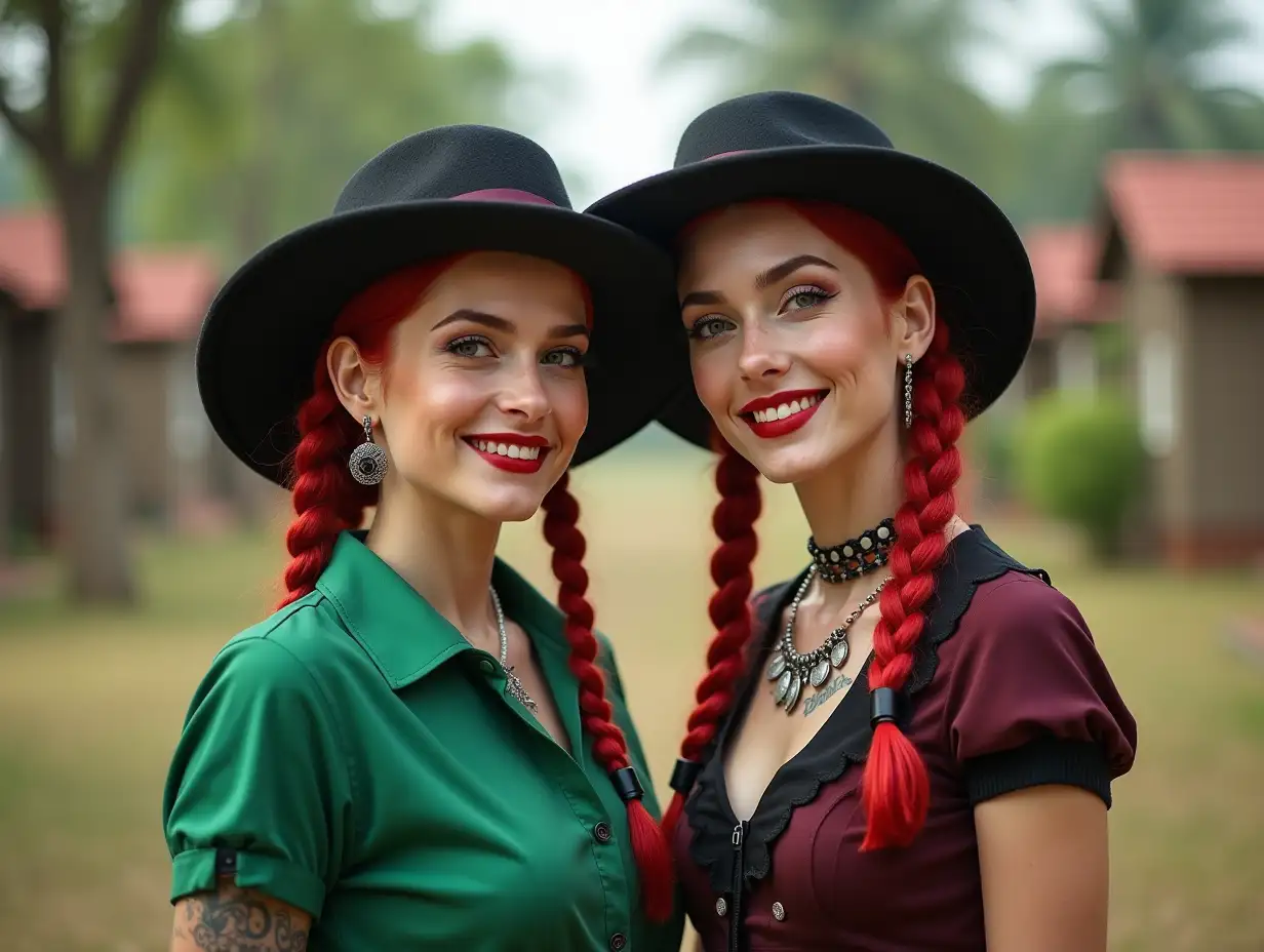 Two white, round Pin-up girls 70 years old red braids wear a green and black mixed low cut blouse, with a light smile on their face,Tattoos,Cake Hat,Lipstick emphasizes their smile, modern jewelry,black skin,in a park with many houses in India Cyberpunk 8k-quality