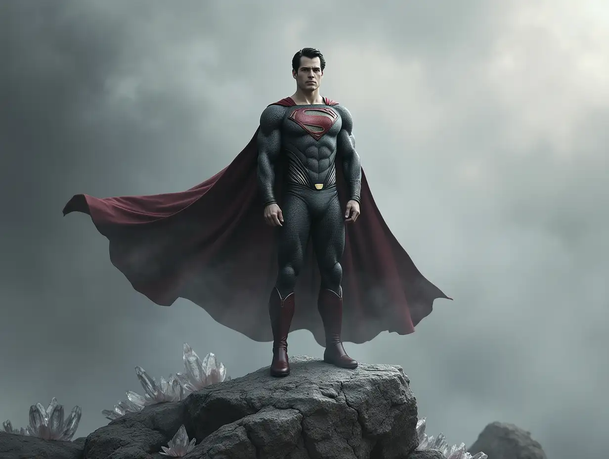 superman in grey portrait stands on a rock with crystals