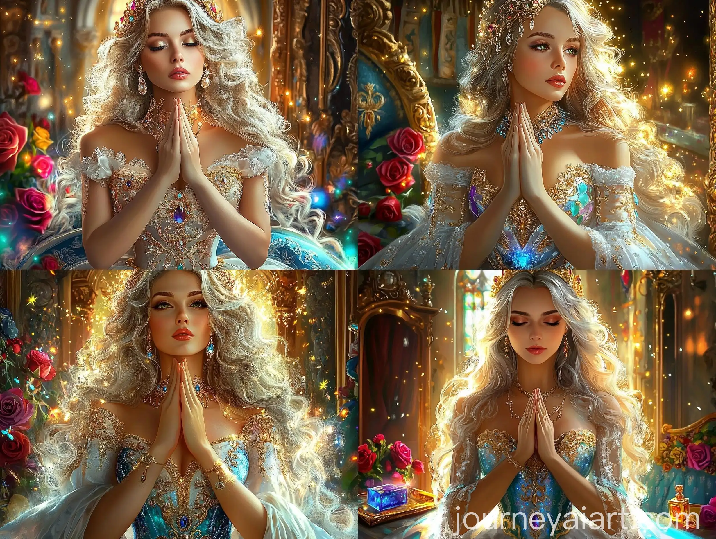 Medieval-Woman-in-Vibrant-Dress-with-Prayer-Hands-and-Fireflies