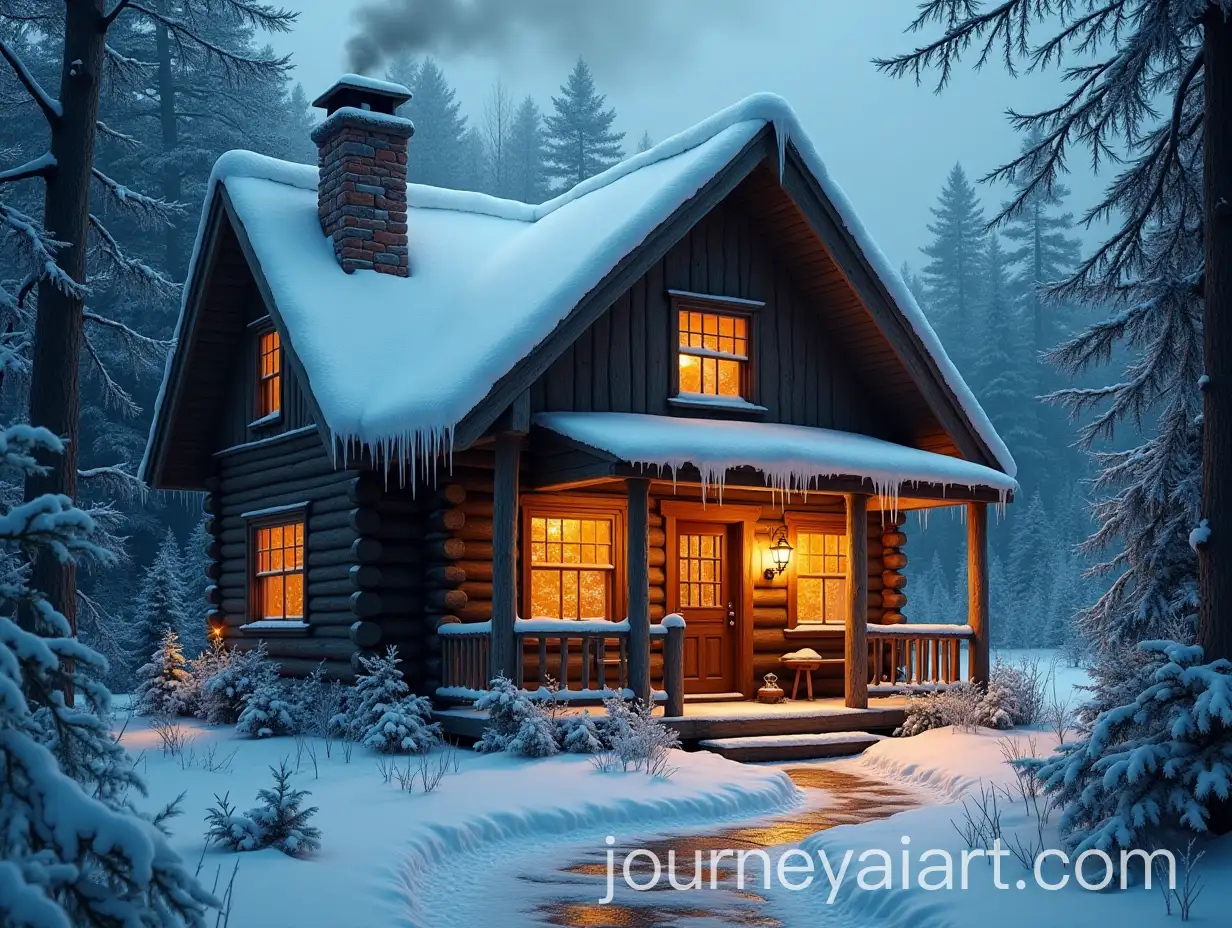 Cozy-Wooden-Cottage-in-Snow-with-Warm-Golden-Glow-and-Smoke-Rising-from-Chimney