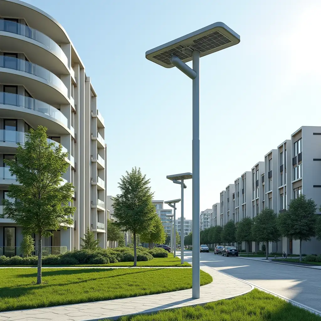Modern-SolarPowered-Streetlights-in-Urban-Park-with-Greenery-and-Residential-Buildings