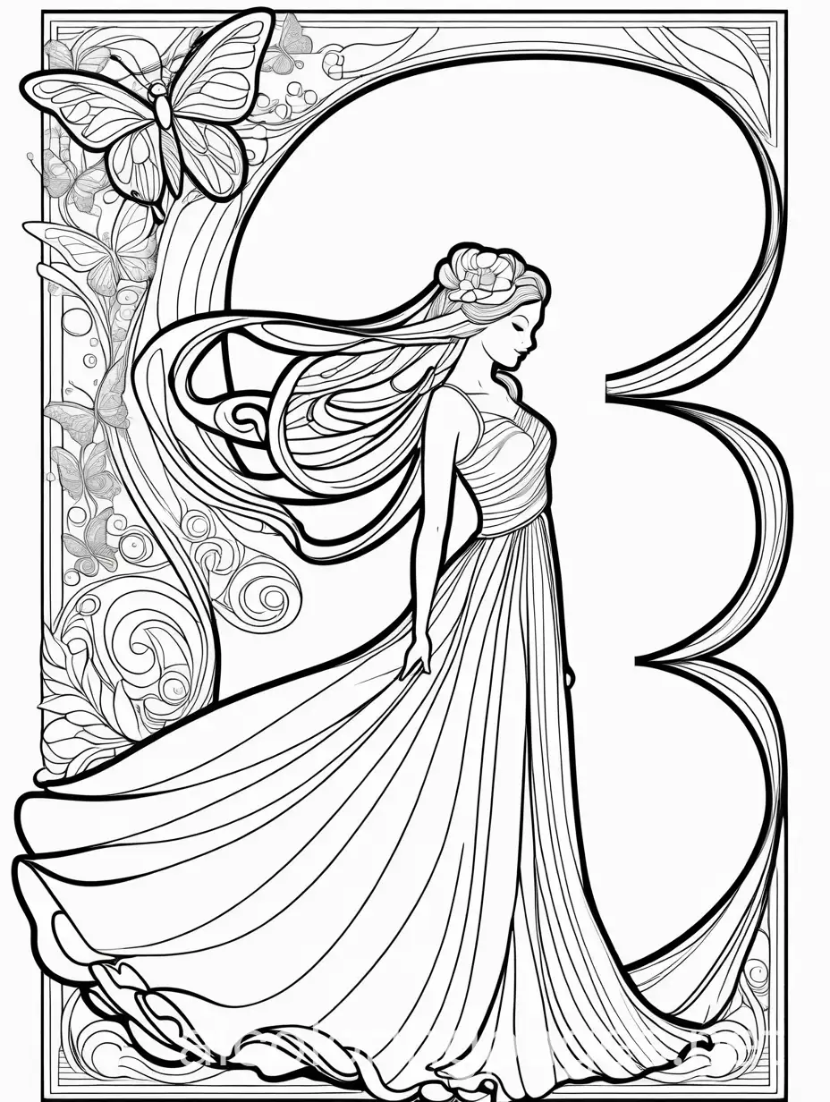 pretty girl in a long flowing dress with butterfly wings and pretty shoes dancing next to the letter B , Coloring Page, black and white, line art, white background, Simplicity, Ample White Space. The background of the coloring page is plain white to make it easy for young children to color within the lines. The outlines of all the subjects are easy to distinguish, making it simple for kids to color without too much difficulty