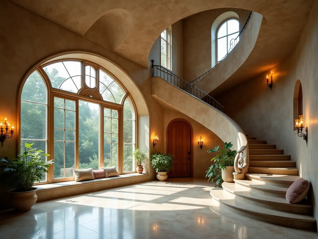 crooked house Interior decoration with plant ornaments made of stucco, large windows with glass closed, curved, smooth window shapes, winding grand entrance marble staircase, complex curved roof with dike,Lanterns,Bench,and a woman 