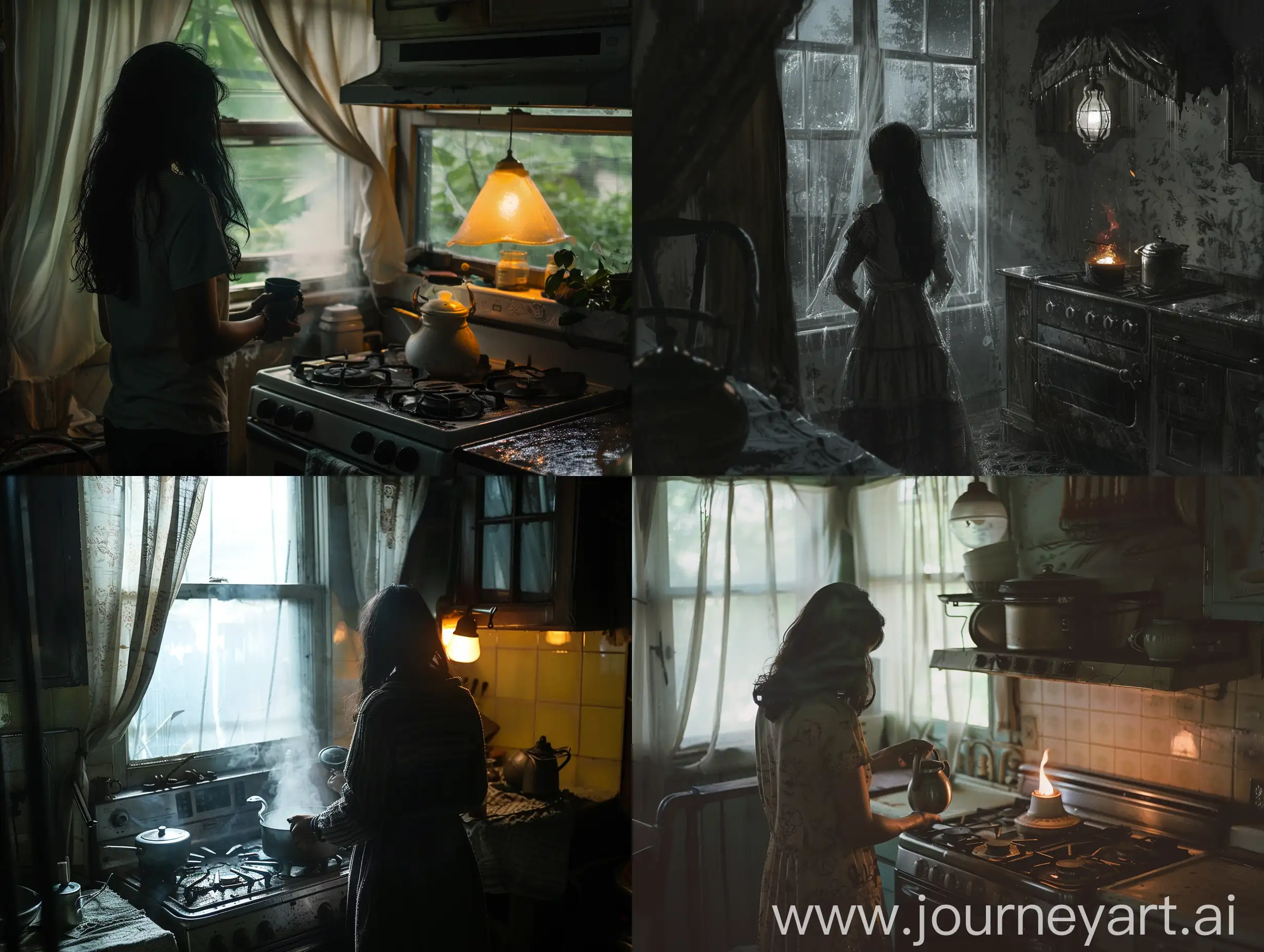 Woman-Cooking-on-Gas-Stove-in-Vintage-Kitchen-with-Lamp-Light