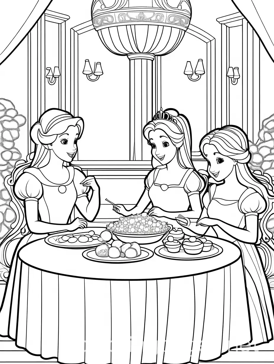 Charming-Princesses-Enjoying-a-Meal-Together-in-a-Simple-Coloring-Page