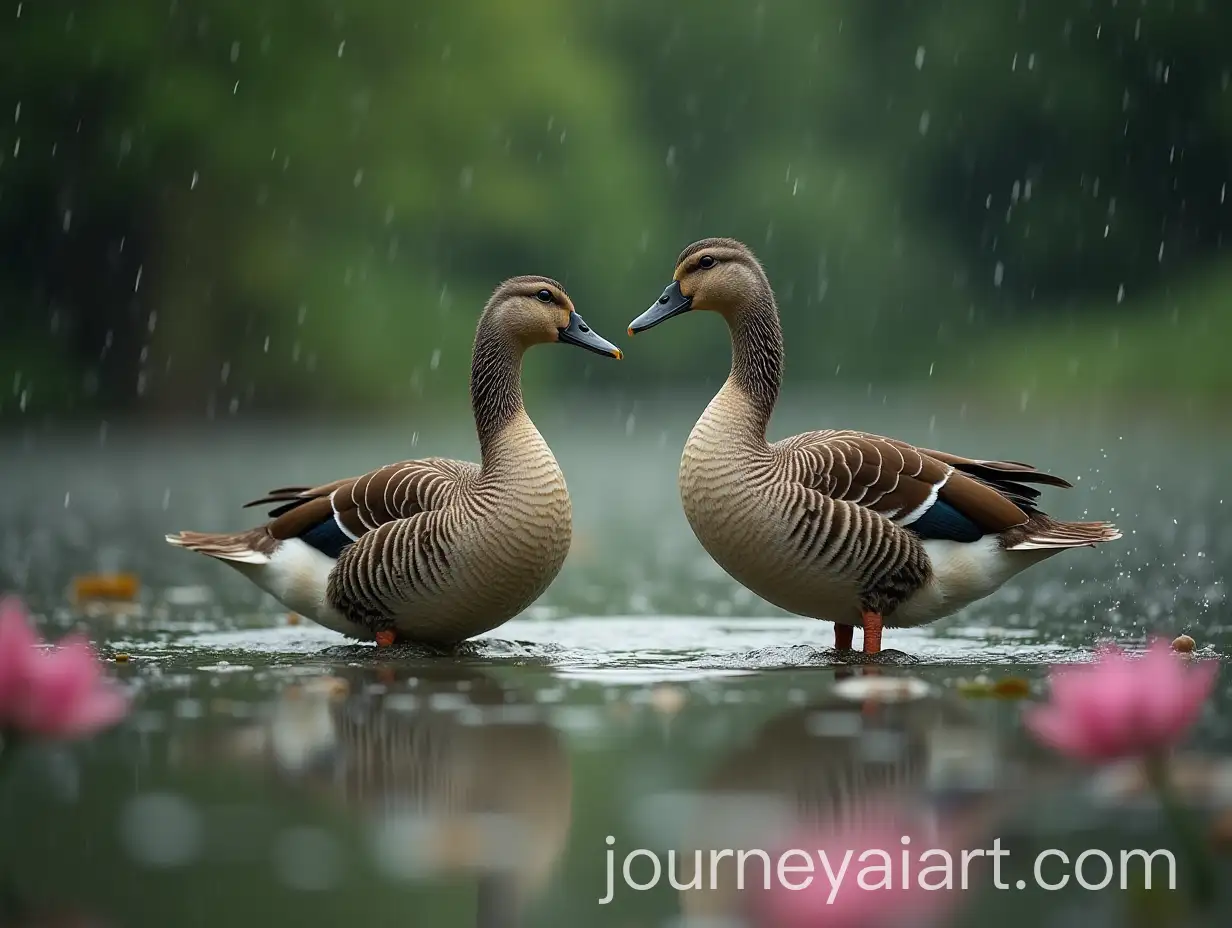 Ducks-Playing-in-a-Lotus-Pond-Amidst-Heavy-Rain