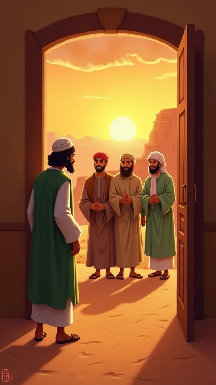 Prophet Ibrahim Welcomes Three Travelers at Sunset in a Desert Landscape