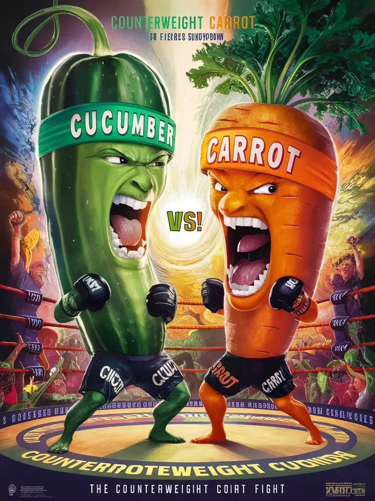 design a mma counterweight championship fight poster featuring'counterweight cucumber vs. counterweight carrot' breathtaking visuals