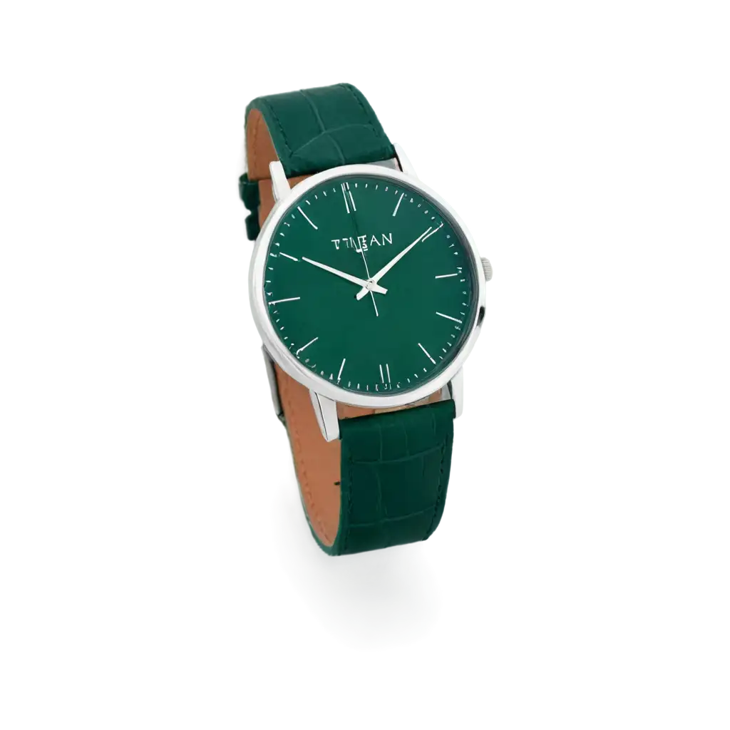 Make a watch for man and strip color are deep green and company name are titan and watch looking into a box