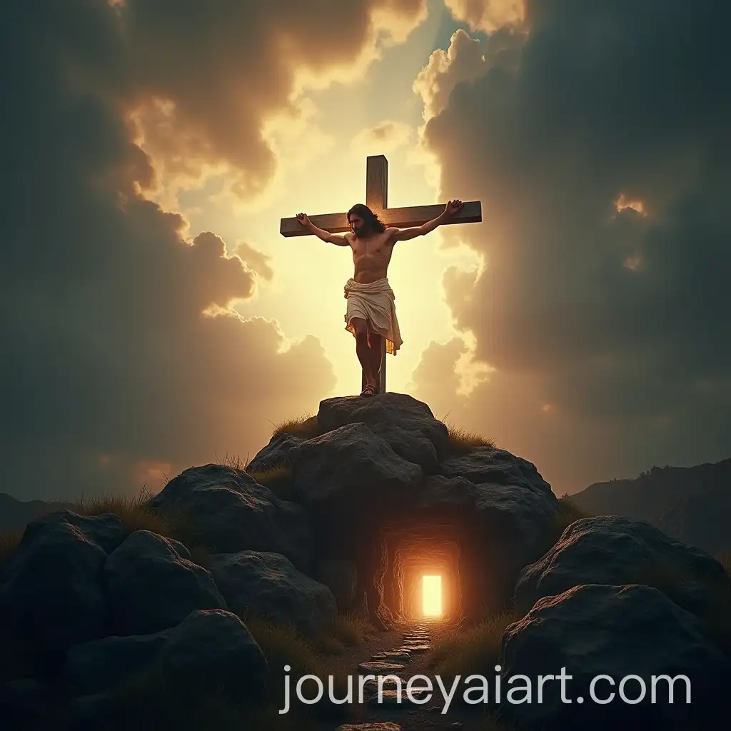 Jesus-Carrying-Cross-Up-a-Hill-with-Dramatic-Sky-and-Empty-Tomb