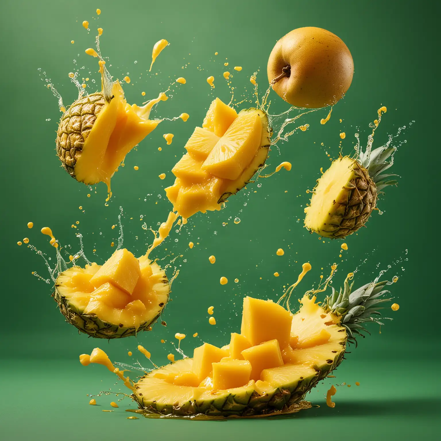 mango chunks, pineapple slices, mango puree, flying, splashes, green single-colored background