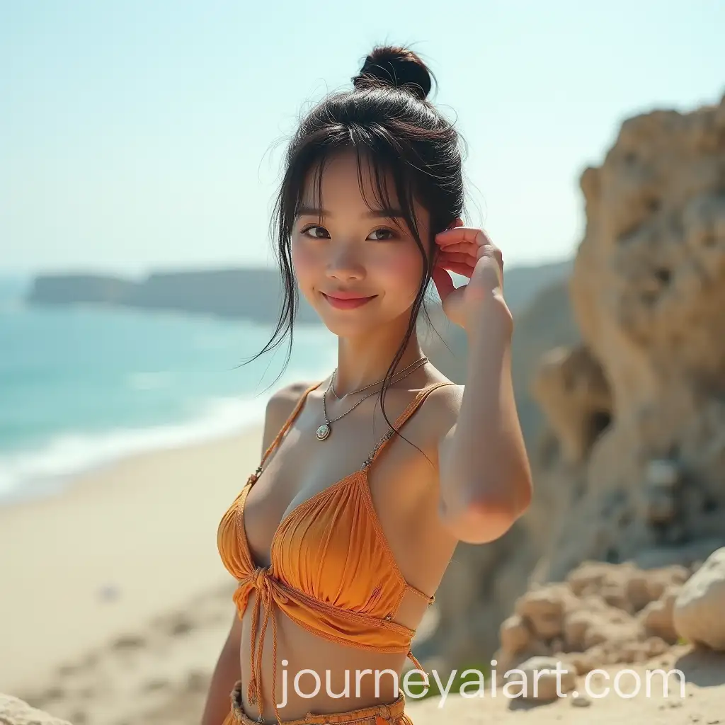 Confident-Young-Asian-Woman-in-PostApocalyptic-Landscape-with-Empty-Beach