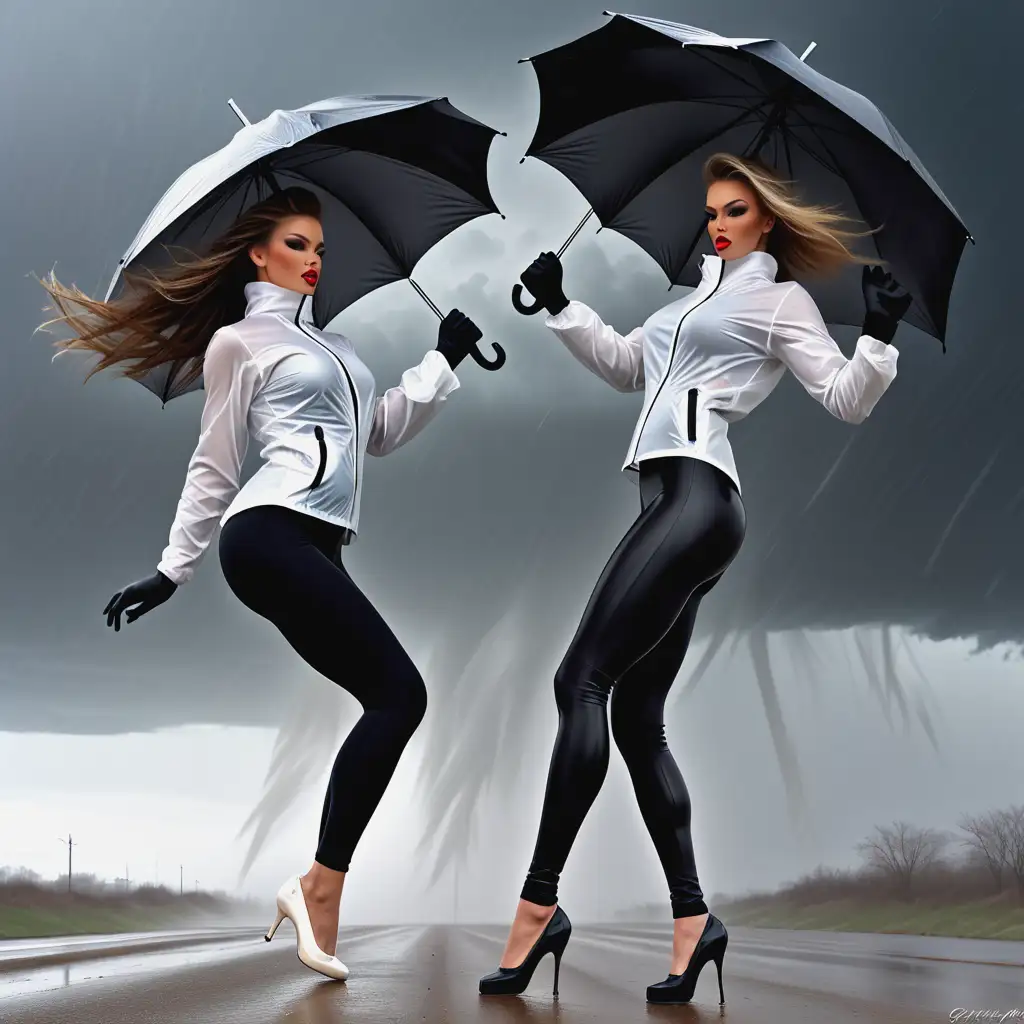 Two-Fitness-Girls-Dancing-with-Umbrella-in-Hurricane-Windstorm