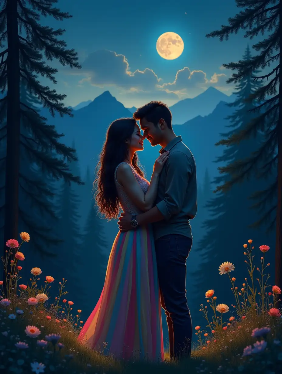 Couple in deep love hugging in forest in night. Moon in sky. forest with colourful flowers. Mountain with water fall. Girl dressed in rainbow dress, man in casual.