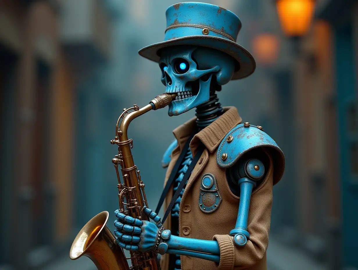 Create a high-resolution, realistic image of a robot that has a skeleton body with blue eyes, blue porcelain hands and head, a sweater, a Steampunk top hat, and a saxophone standing in 4K resolution (Steampunk 8K quality)