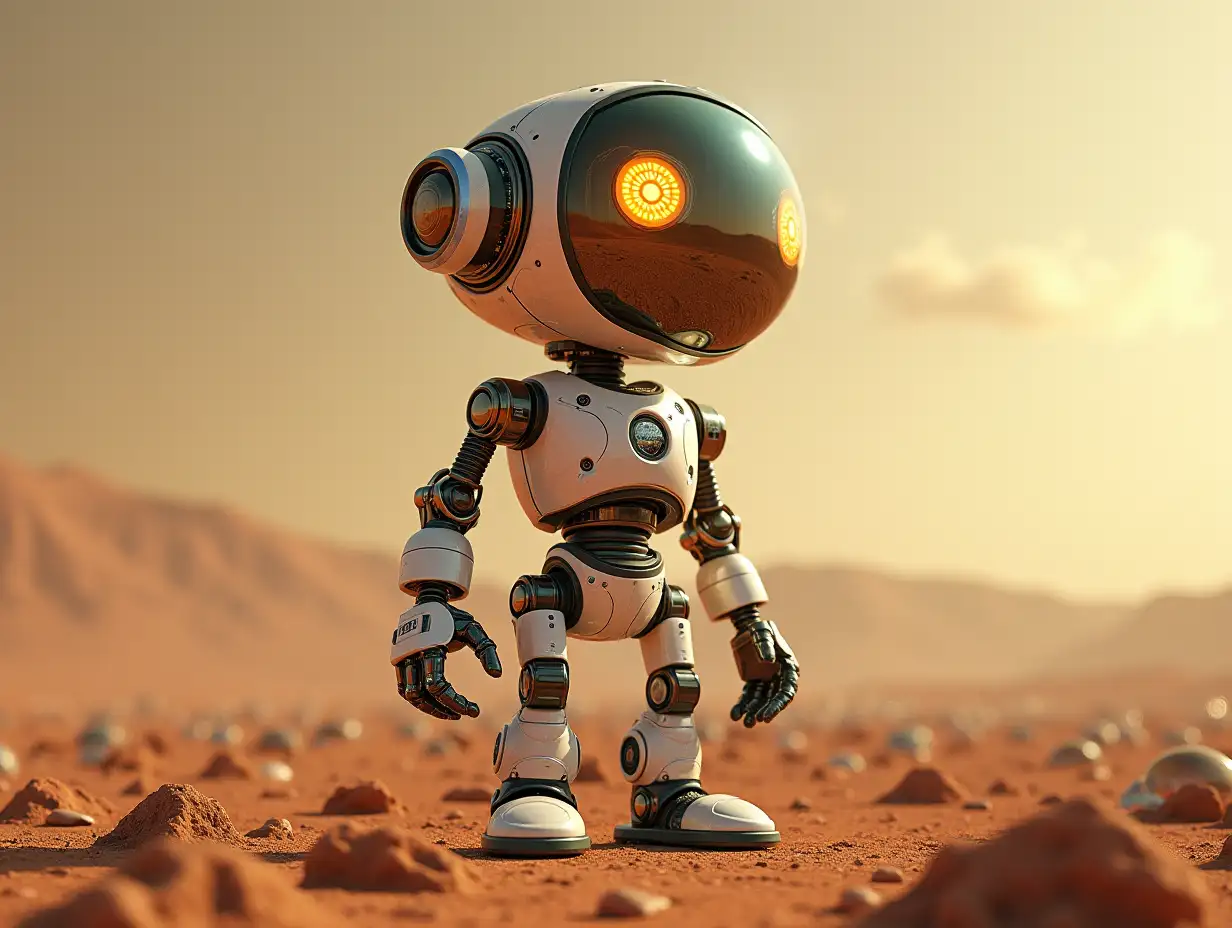 Create a high-resolution, realistic image of an artificial intelligence named Robert, three meters tall, with eyes, arms and legs, with gears on the cheeks and glass head with visible golden brain, screws with many glass spheres on the ground, Mars with 4k resolution.