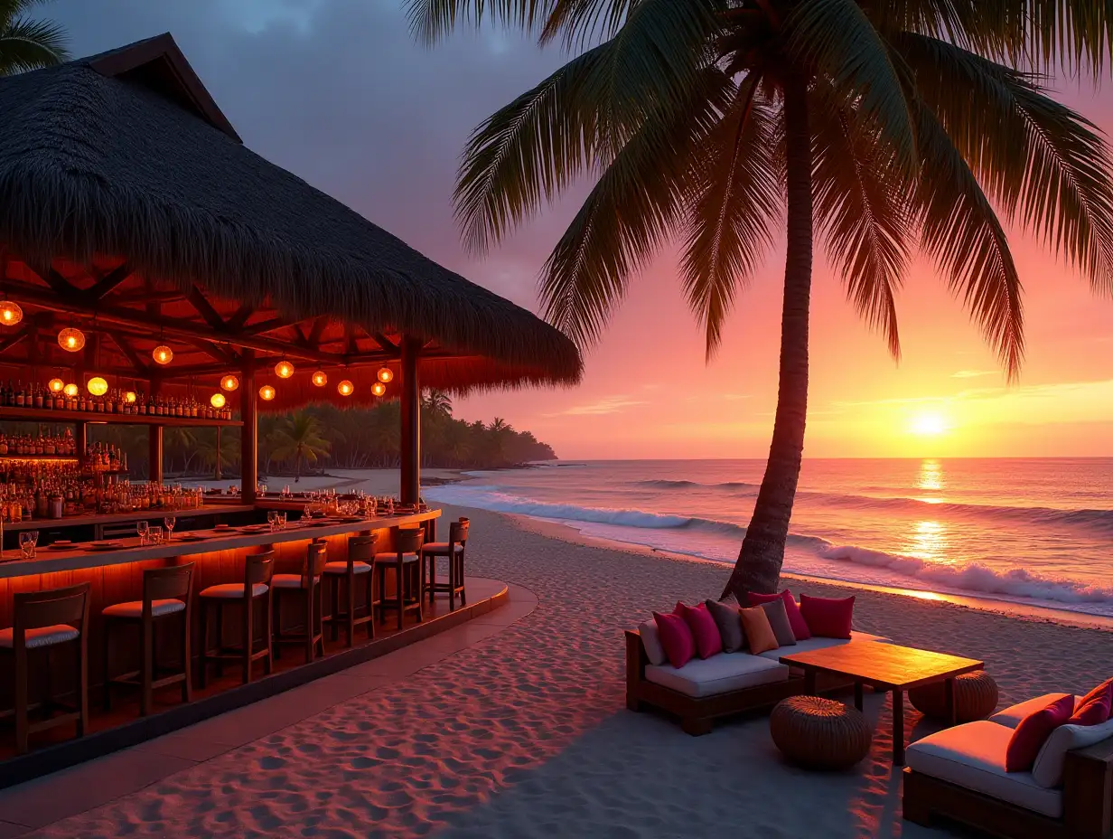 An open cafe bar located on a tropical beach, featuring a thatched roof offering shade. The scene captures a stunning sunset over the vast ocean, with vibrant hues of orange, pink, and purple illuminating the sky. Palm trees gently sway in the warm summer breeze, adding to the lush and exotic atmosphere. The bar is furnished with rustic wooden tables and chairs, adorned with colorful cushions, inviting guests to relax and enjoy the surroundings. In the background, soft waves lap against the shore, enhancing the serene setting. The overall ambiance reflects a luxurious Dubai-style summer atmosphere, with a mix of modern and traditional tropical aesthetics. The warm glow of the sunset creates a magical and captivating environment, perfect for a tranquil evening by the beach. Emphasize the richness of colors in the sunset and the relaxed vibe of the open bar space.