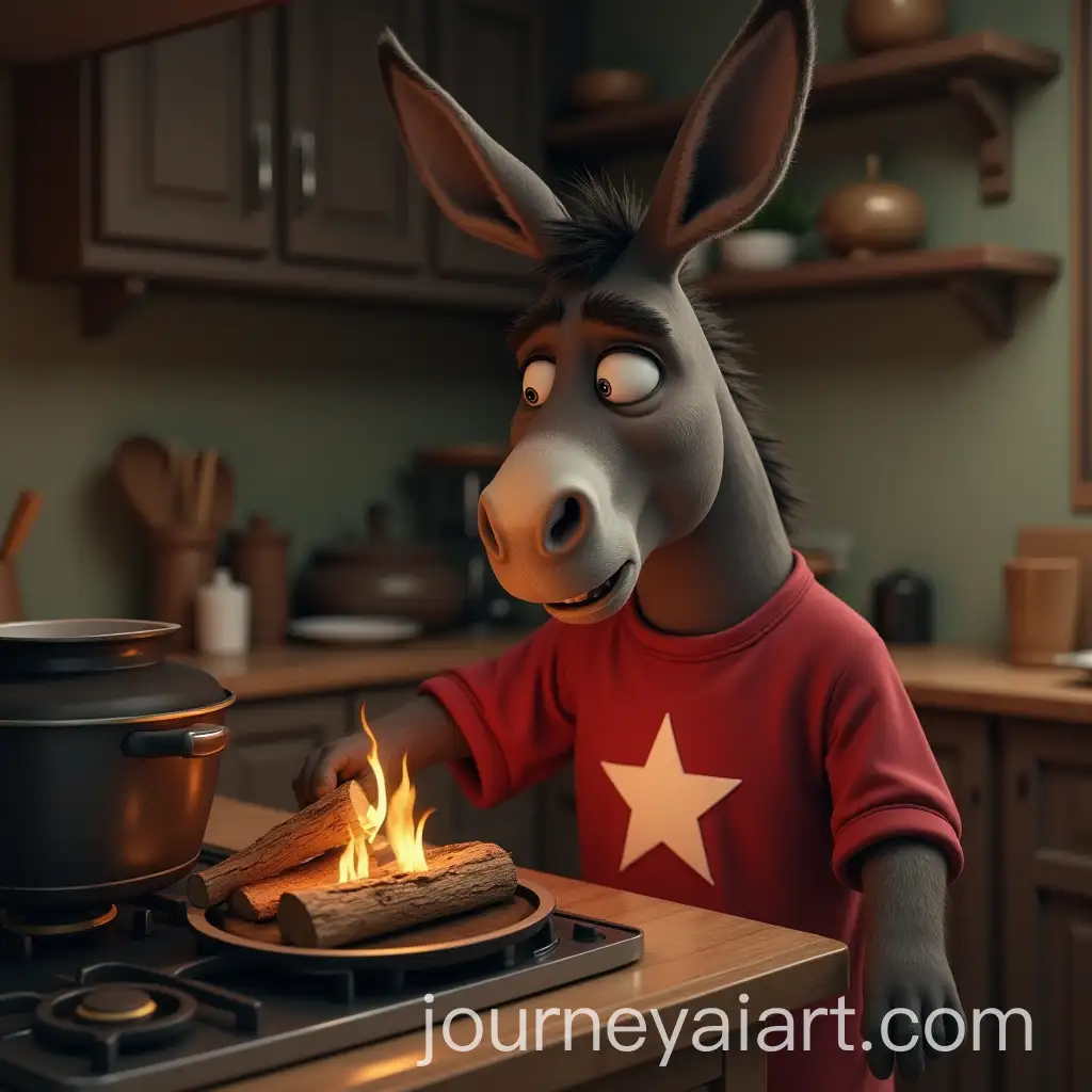 Sad-Donkey-Wearing-Red-Shirt-Adding-Wood-to-Stove-in-Kitchen