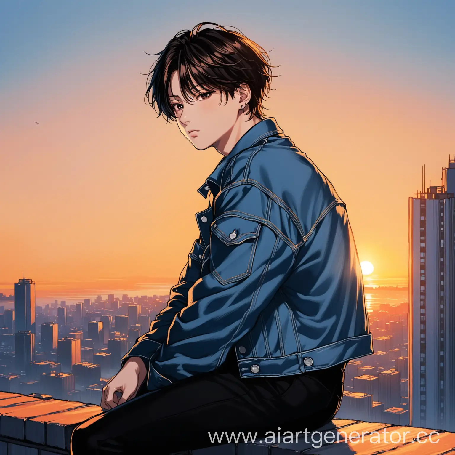 art drawn drawing, jungkook from BTS, jungkook facial features from BTS,
jungkook is sitting on the edge of the roof in black pants and a denim jacket, against the background of the sunset and the roofs of high-rise buildings, jungkook is sad, the front view, the wind and jungkook's hair are flying a little in the wind