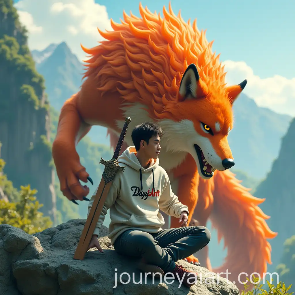 Asian-Young-Man-with-Crystal-Sword-Confronts-Ferocious-Orange-9Tailed-Wolf