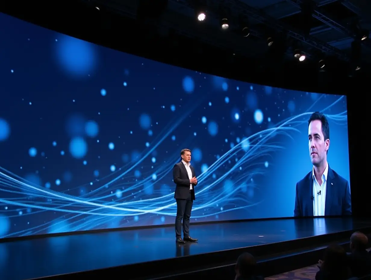 A large conference stage with a futuristic digital backdrop displaying blue and white digital patterns, resembling flowing data or technology lines. On the stage, one speaker stands, delivering an inspiring speech. The backdrop includes a large screen showing a close-up of the speaker, who is wearing a black jacket and white shirt. The atmosphere is professional and high-tech, with overhead lighting illuminating the stage subtly. The setting conveys a sense of innovation and advanced technology.