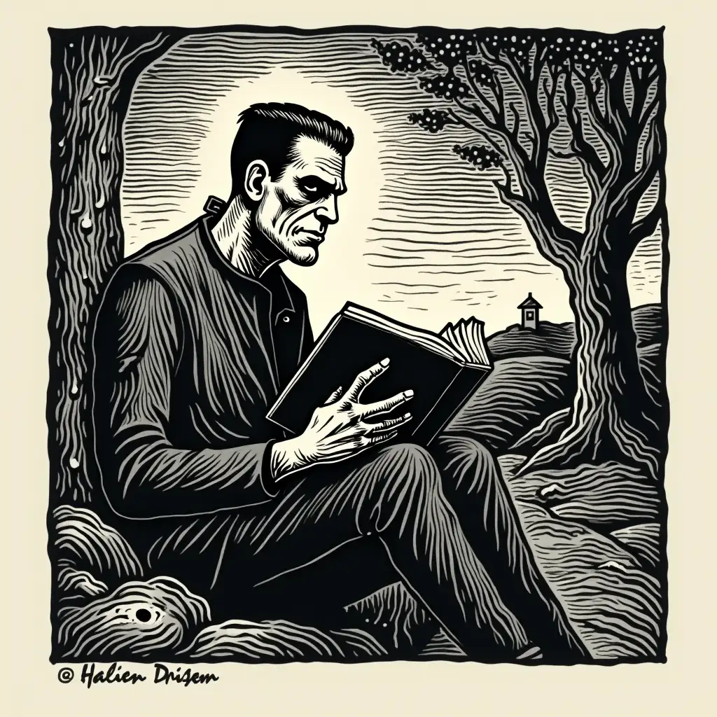 Frankenstein Linocut Art Creature Reading Book on Hillside