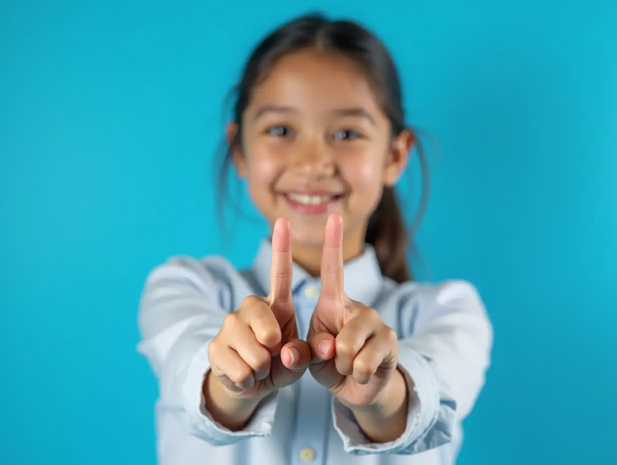 Photo of adorable lovely girl wear glamour shirt showing two fingers up empty space isolated blue color background