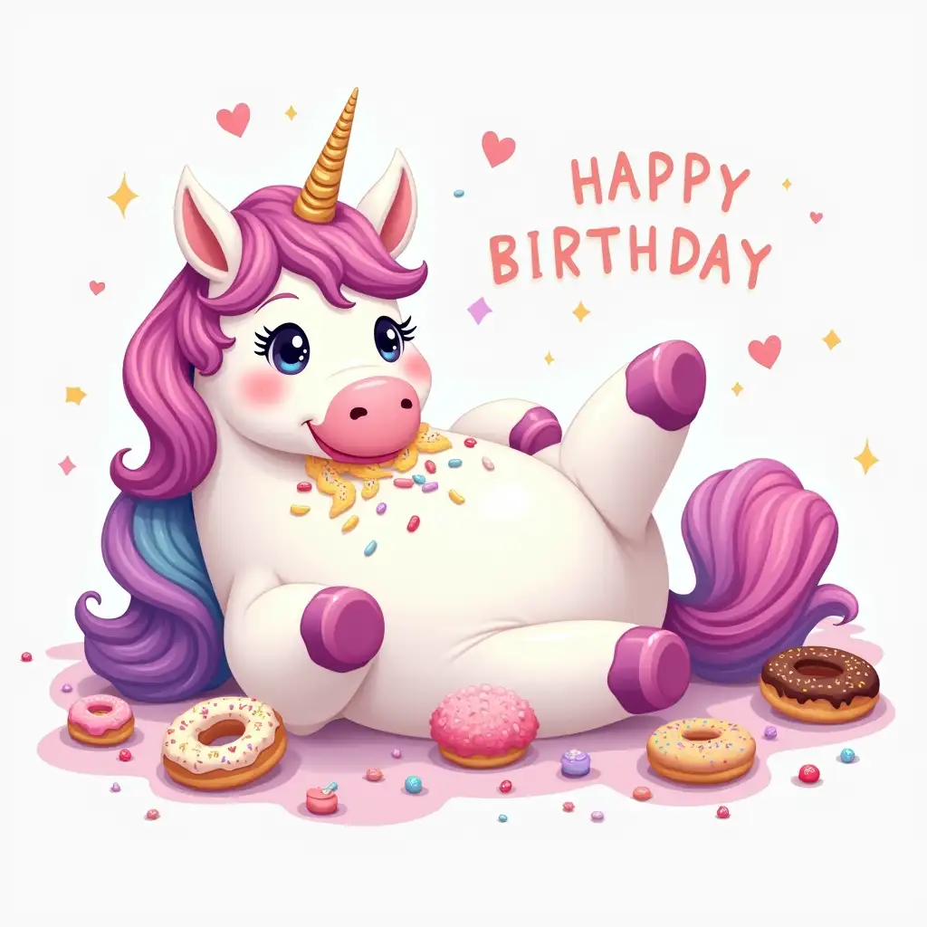 A unicorn gorged on sweets at a birthday party. Lying on its back. Belly up. Vector drawing. A cute and beautiful unicorn. Small and pretty. Candy, cookies, and donuts are scattered around her.