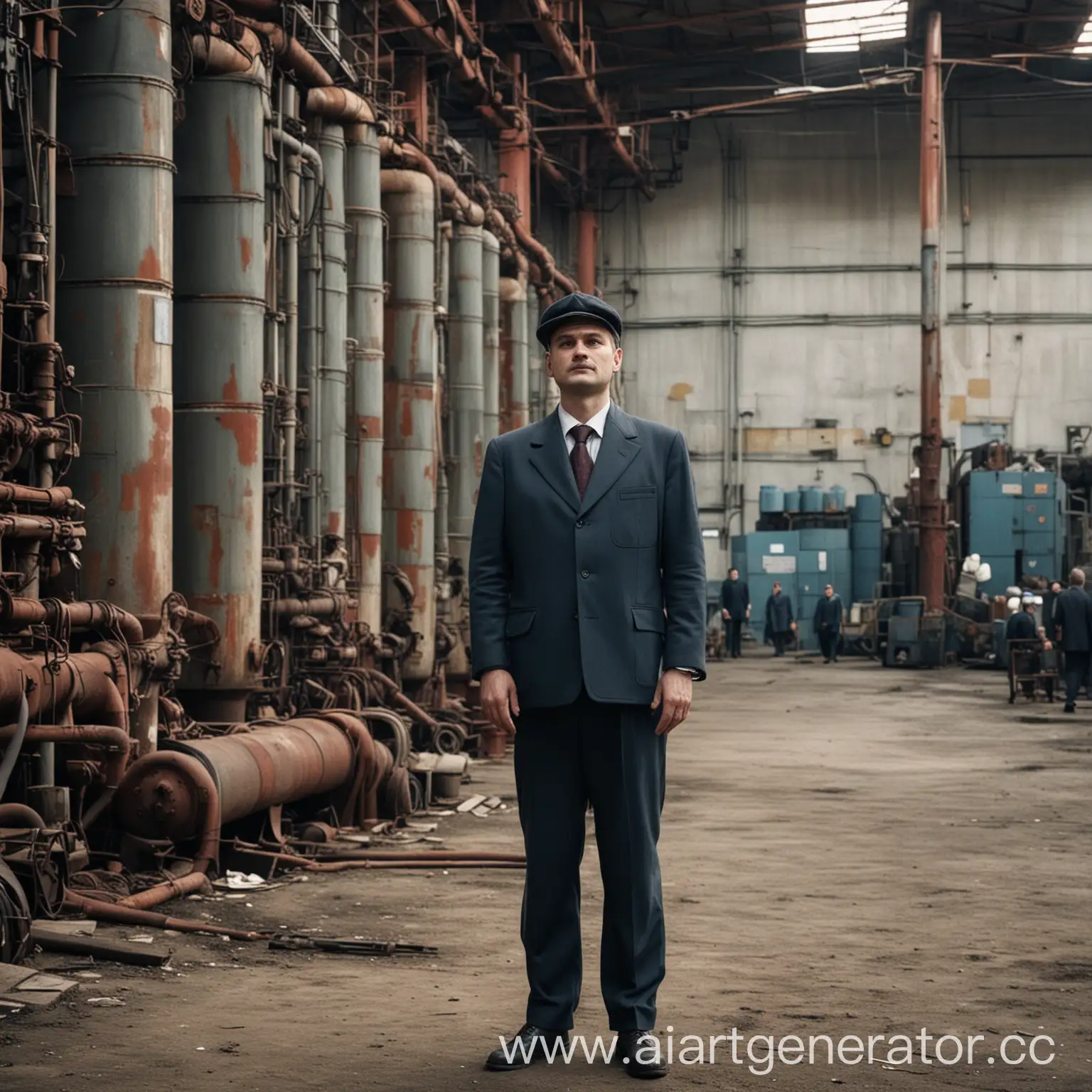 Person-in-Soviet-Era-Suit-Standing-Near-Factory