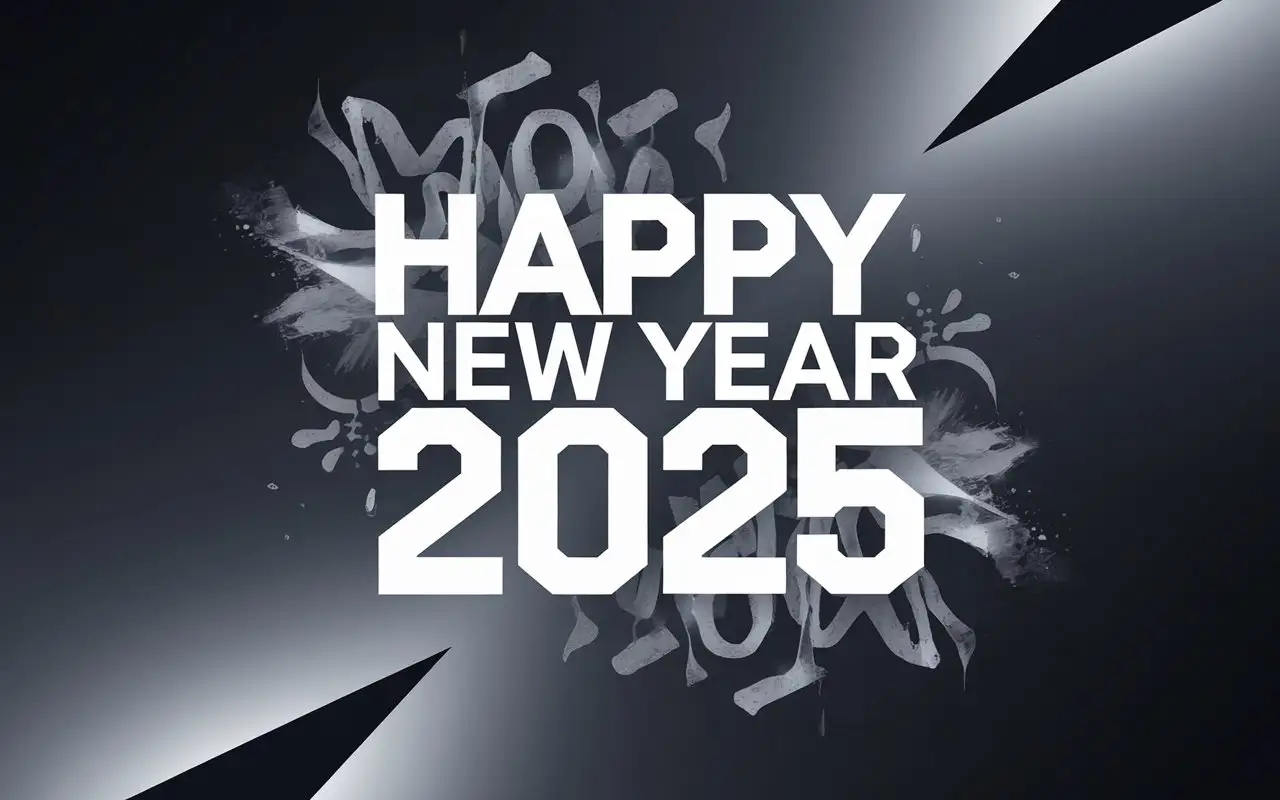 Create a stock photo design featuring the text HAPPY NEW YEAR 2025 in a bold, modern font with abstract graffiti-style accents. Incorporate a sleek gradient background blending dark and light tones, with a touch of elegant minimalism. Ensure the composition is clean, balanced, and visually striking.