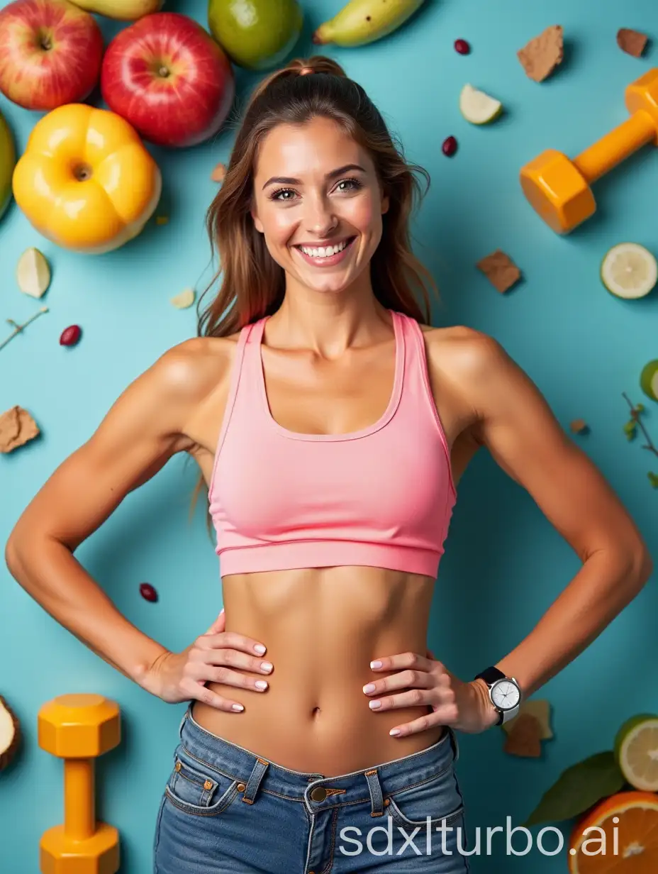 A white woman, European style, in a confident pose, showcasing a flat belly, surrounded by fitness elements like dumbbells and healthy fruits, with a vibrant background that conveys energy and motivation. The title of the ebook should be prominently displayed in eye-catching letters.