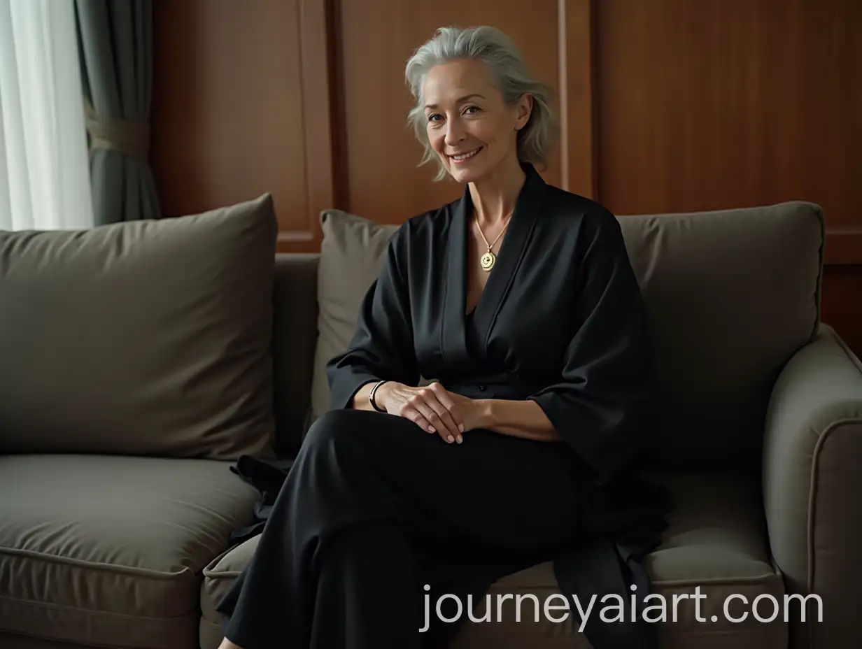 Elegant-60YearOld-Woman-in-Black-Silk-Kimono-Sitting-on-Sofa