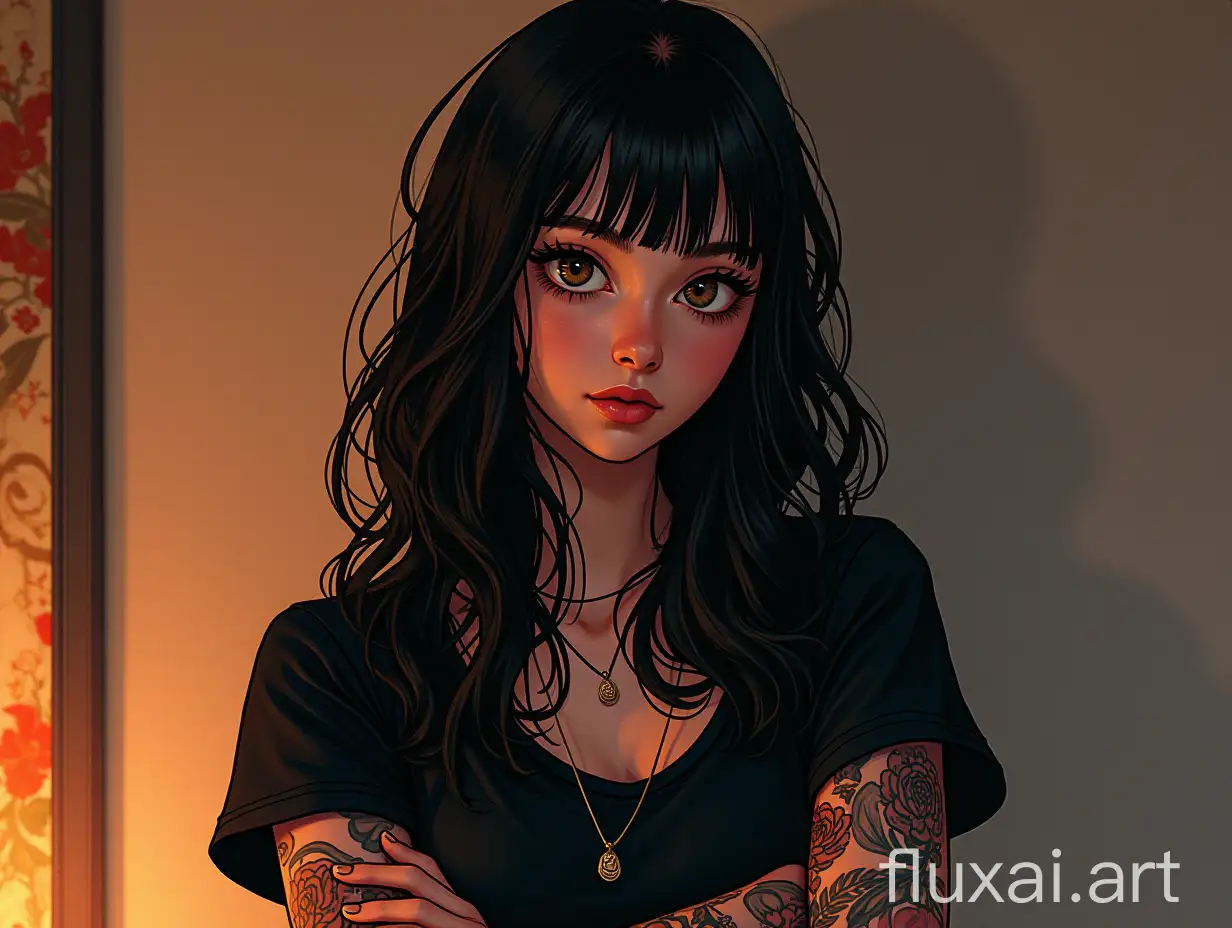 Create an hyperrealistic image of a female character reminiscent of the background art often seen in phonk music. She is wearing a black shirt with her arms folded, embodying a tattoo style. The color palette should include dark silver and dark gold, reflecting a happycore aesthetic. Focus on the joints and connections in her pose, showcasing an effortlessly chic look. The overall vibe should align with palewave aesthetics. --ar 9:16 --stylize 750 --v 6