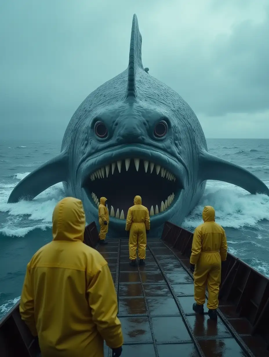 A creepy image, people in a yellow protective suit are standing on the deck of a ship, in the middle of the ship there is a giant sea creepy creature similar to a fish with big sharp teeth. In the background you can see big waves, cloudy weather, rain.