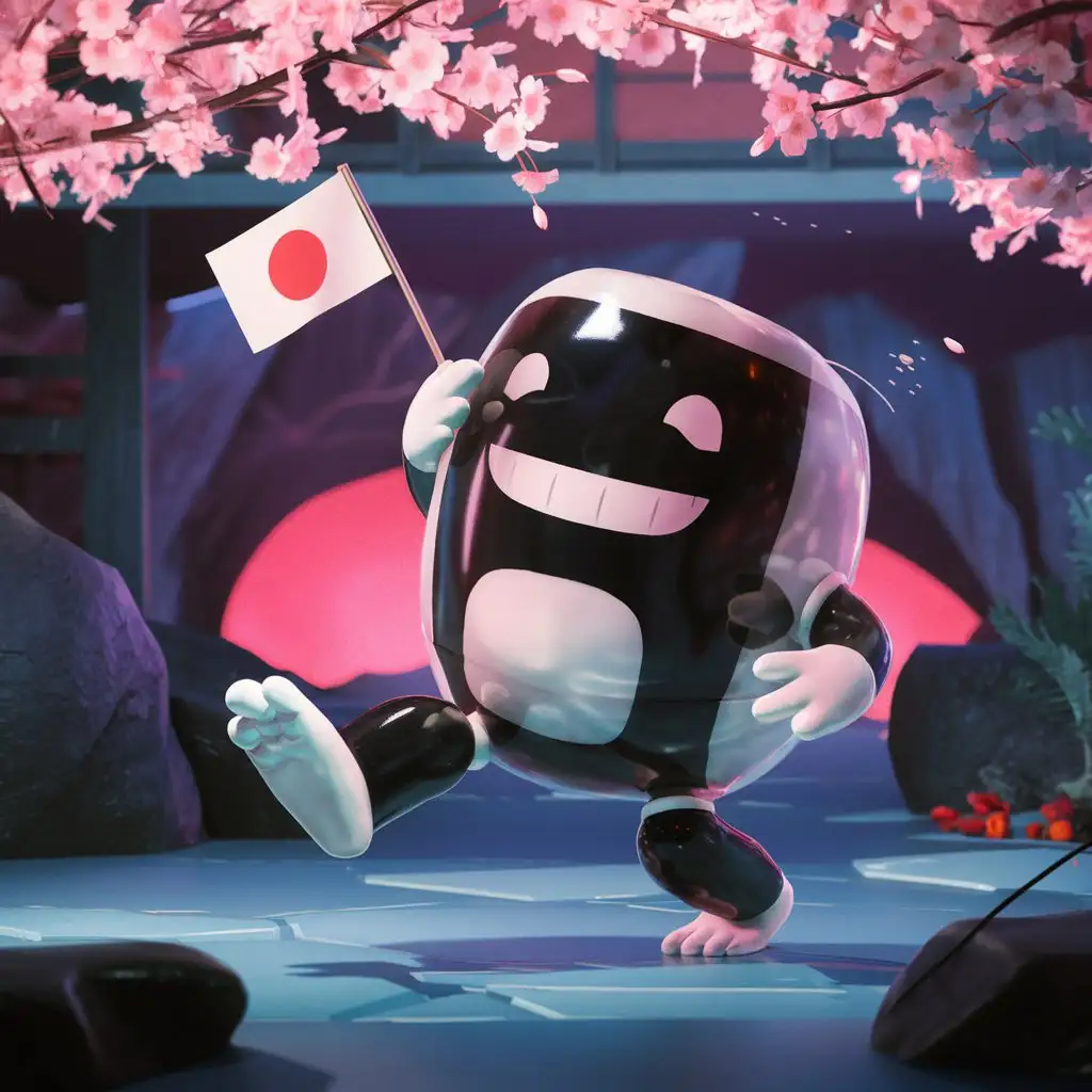 Onigiri-Humanoid-Animation-Holding-Japan-Flag-Under-Cherry-Blossom-Trees