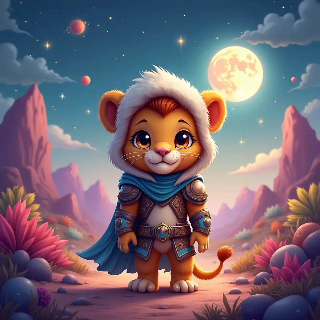 Adorable-Baby-Lion-Warrior-in-a-Cosmic-Fantasy-Landscape