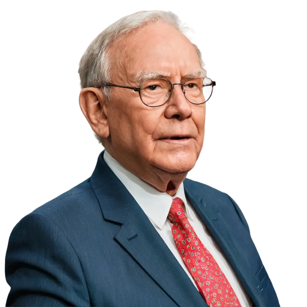 A cinematic photo of Warren Buffett, intense face. He is looking straight ahead with sharp, defined features. He is wearing a suit. The background is solid black, enhancing the drama of the scene. The overall tone is bold and powerful.