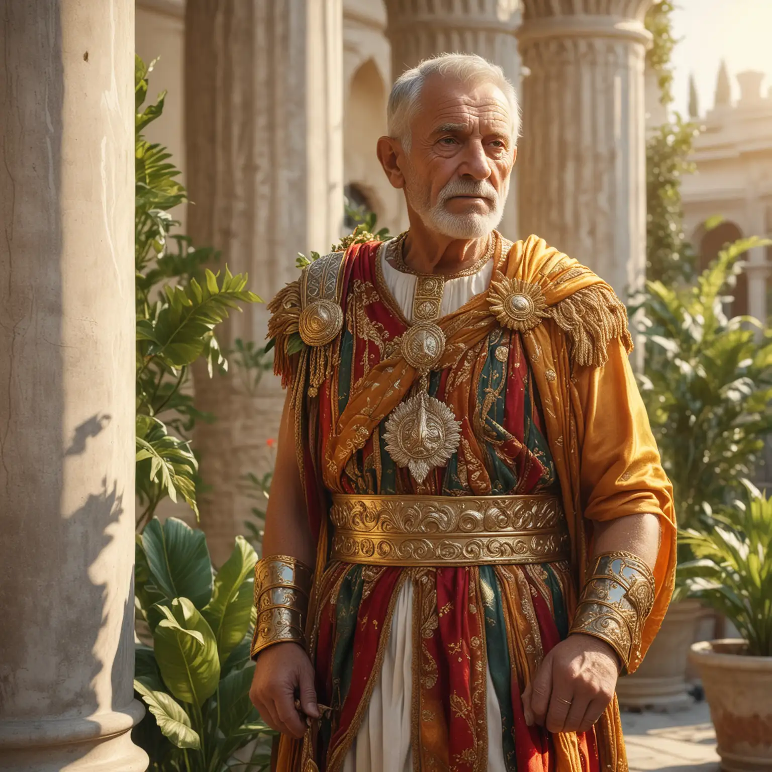 a photograph portrait, old man, roman soldier, roman soldier costume wearing a multicolor elabborate dress of gold, filigree dyamond, silk and linen, pots with plants, marble doric columns, 3d render, bright light of the sun.