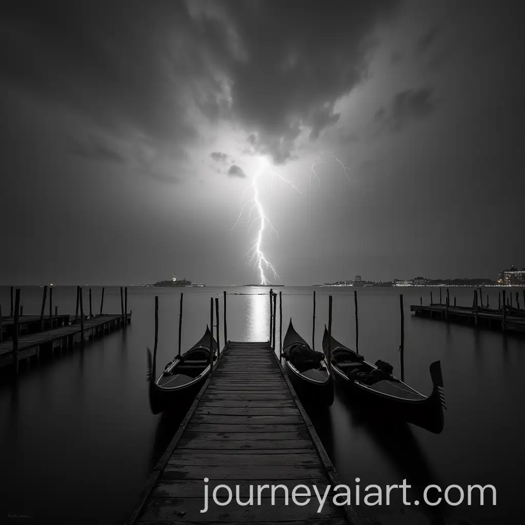 Long-Exposure-Black-and-White-Dock-with-Traditional-Boats-and-Lightning