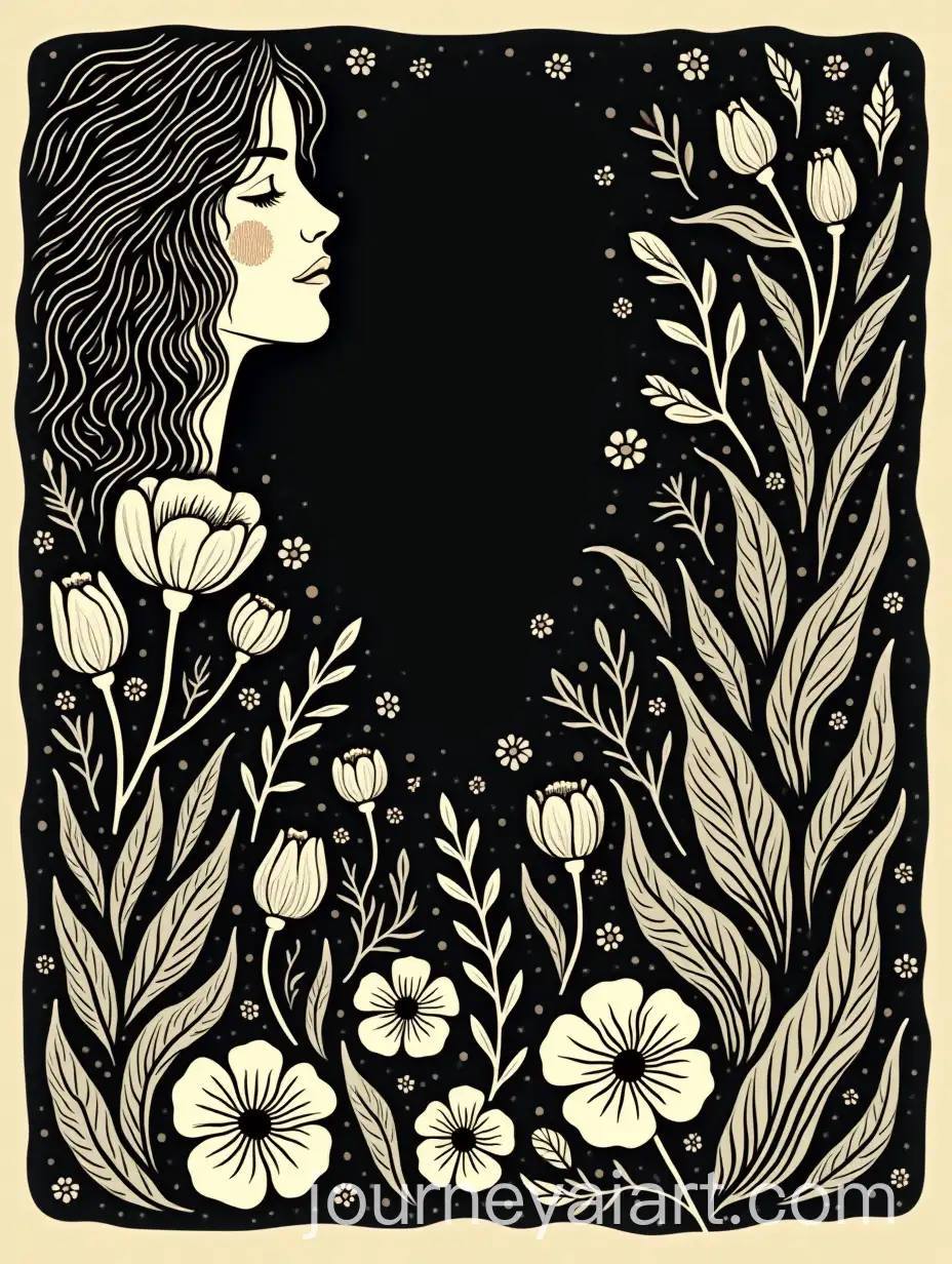 Lino-Cut-Print-with-Cream-Flora-and-Fauna-and-Female-Face-in-Corner