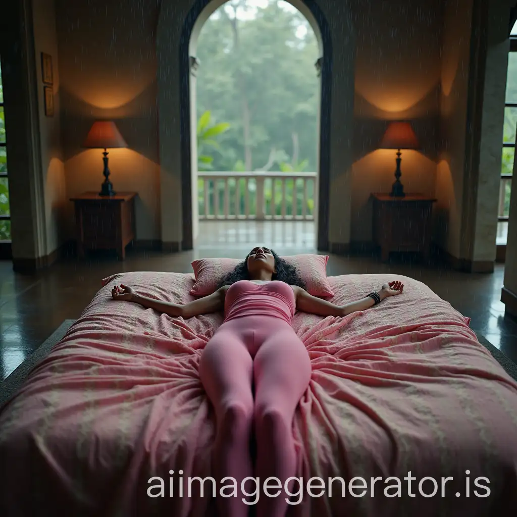 Royal-Kerala-Woman-Sleeping-on-Luxury-Bed-in-Stone-Palace-with-Heavy-Rain