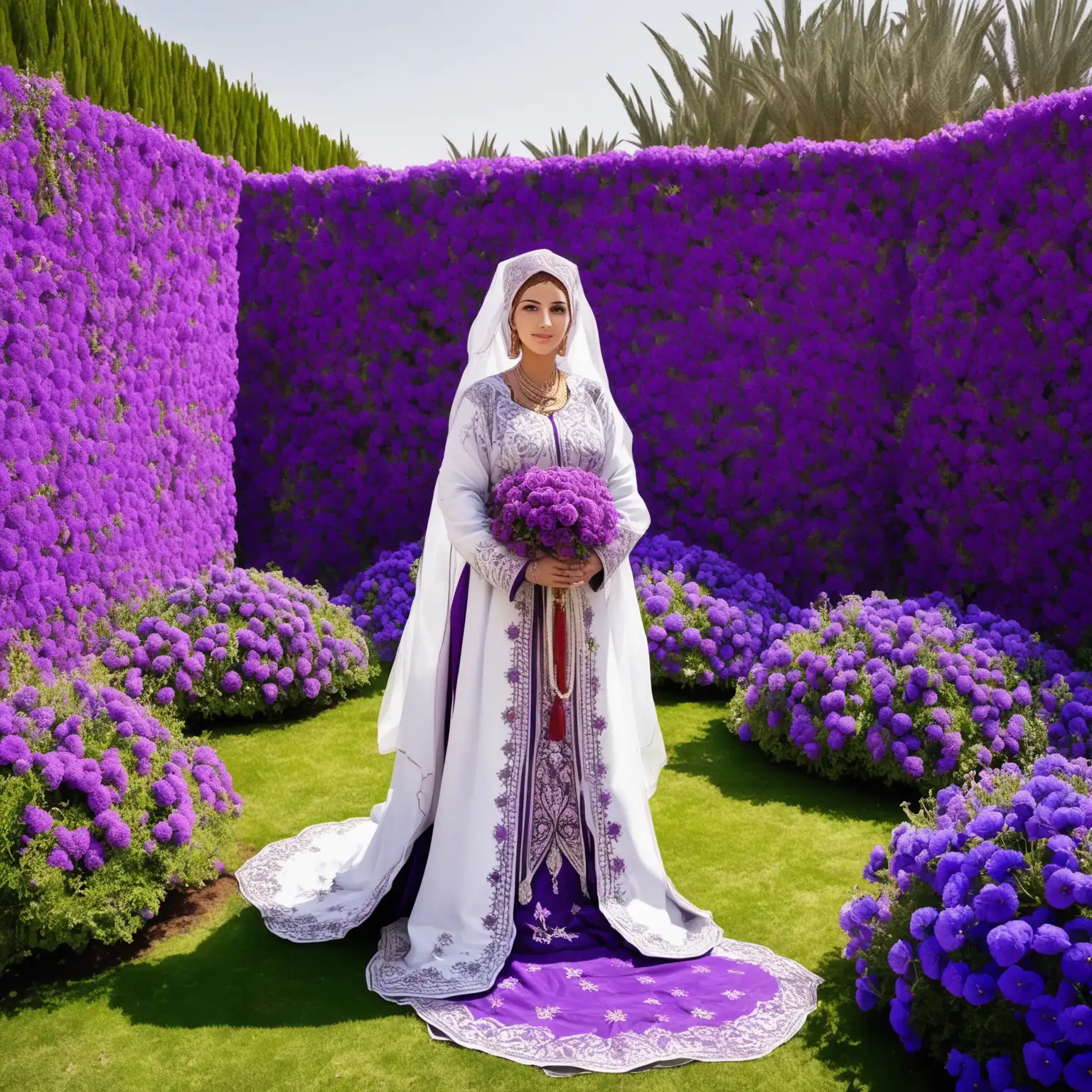 Algerian-Woman-in-Traditional-Karaku-Wedding-Attire-Surrounded-by-Purple-Flowers-in-a-Garden