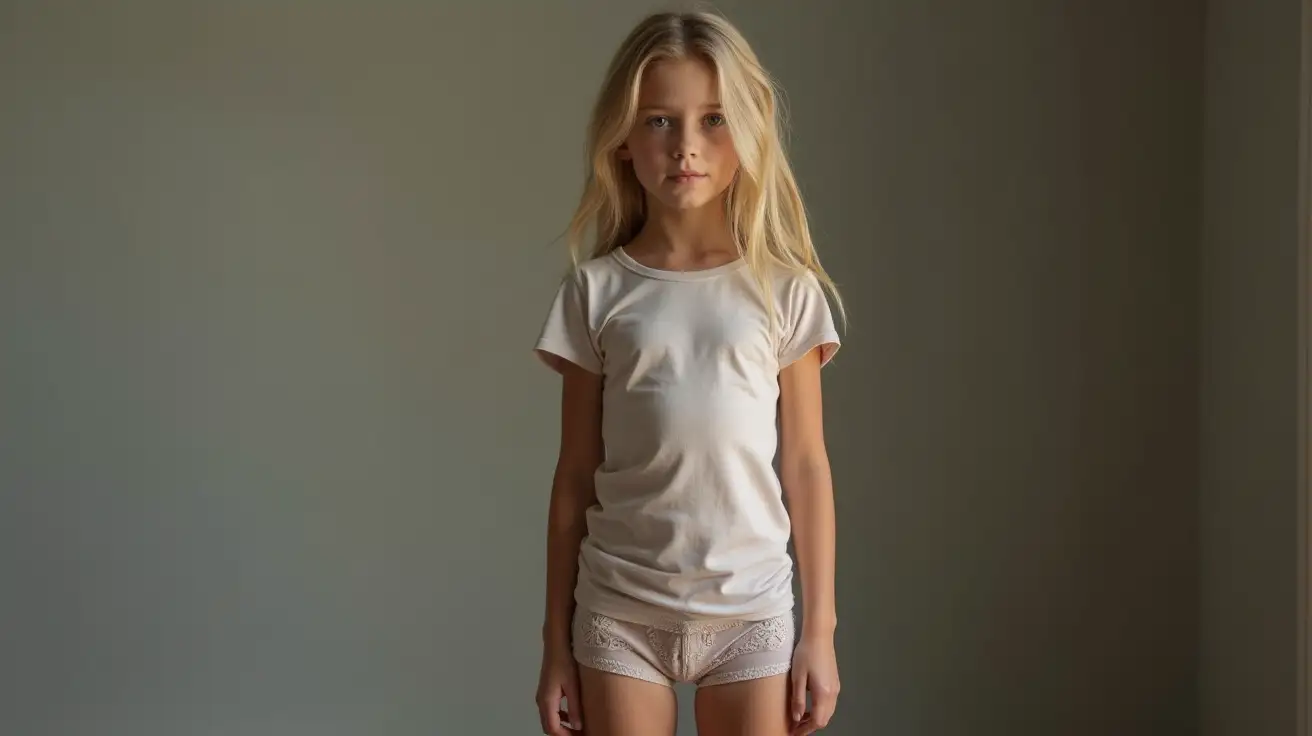 Portrait-of-a-Slender-Young-Blonde-Girl-in-Tight-Shorts-and-Shirt-Facing-the-Camera