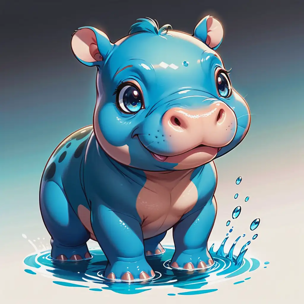 Cute Baby Hippopotamus in Anime Cartoon Style by Blue Water