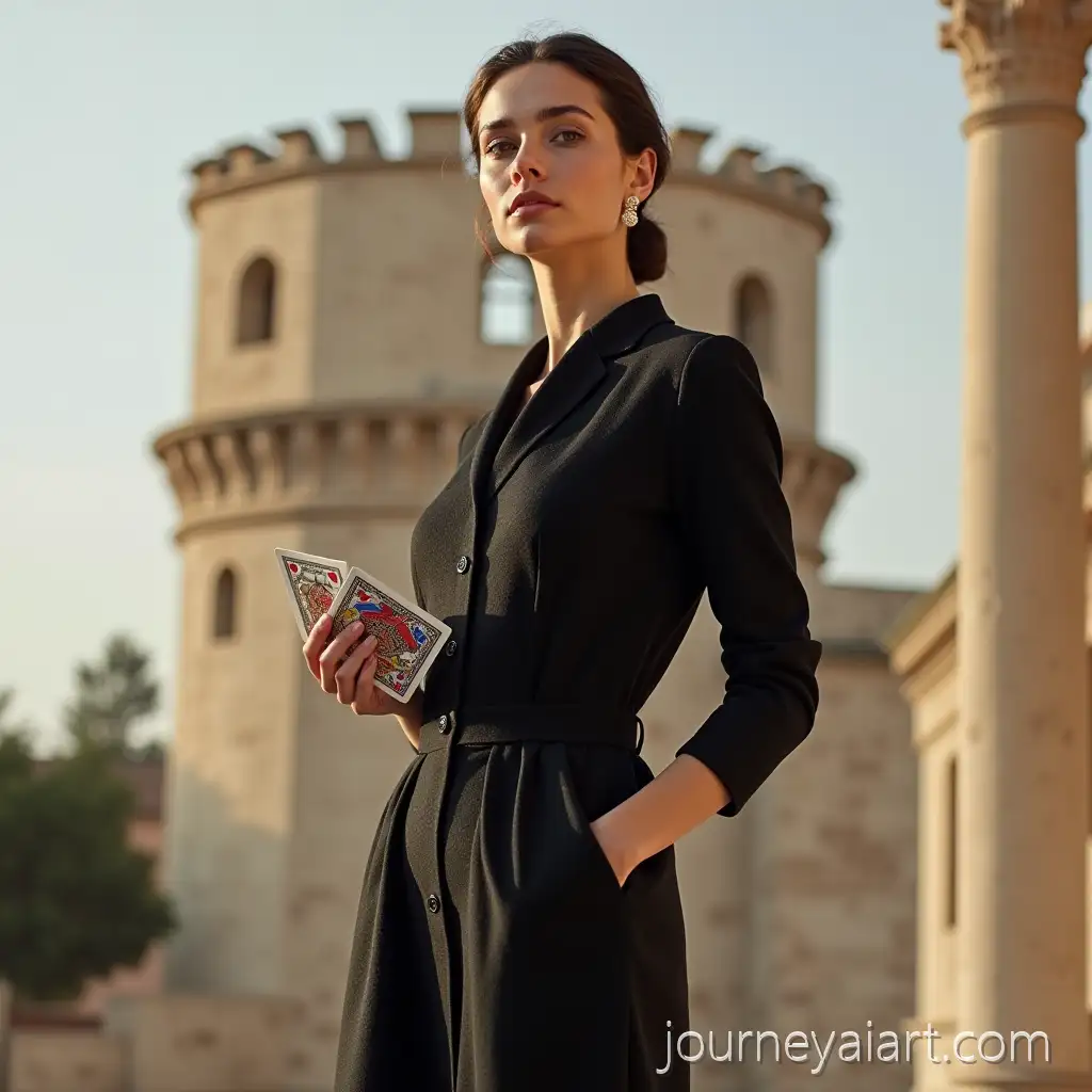 Woman-Standing-on-the-Ephesian-Tower-in-Elegant-Classic-Dress-with-Multicolored-Cards