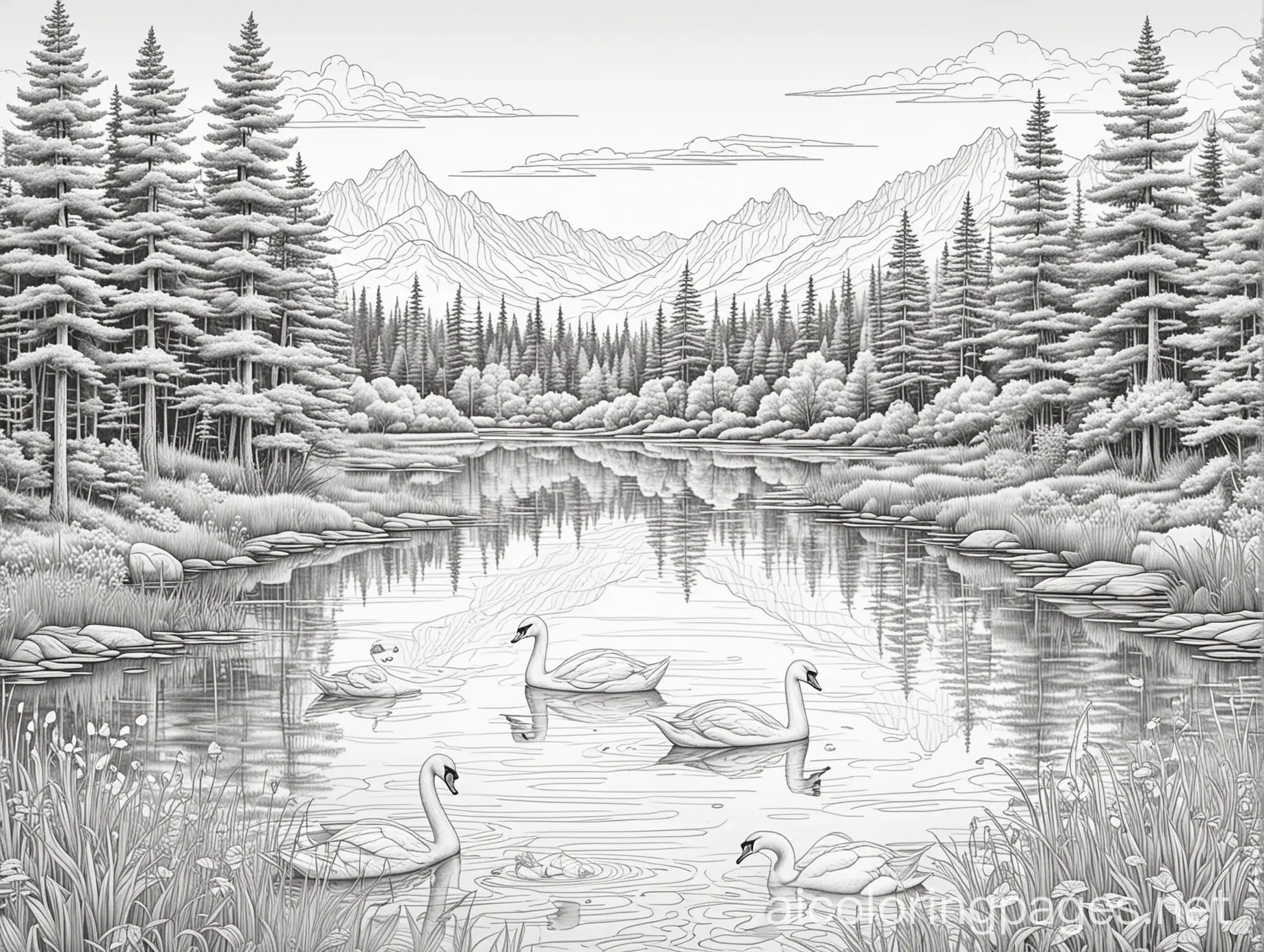 Coloring book for adult, design a serene lake surrounded by lush grass and tall trees. Draw reflections of the mountains and trees on the calm surface of the lake. Add wildlife, such as graceful swans gliding across the water. thin black lines on white paper no shadows, Coloring Page, black and white, line art, white background, Simplicity, Ample White Space. The background of the coloring page is plain white to make it easy for young children to color within the lines. The outlines of all the subjects are easy to distinguish, making it simple for kids to color without too much difficulty