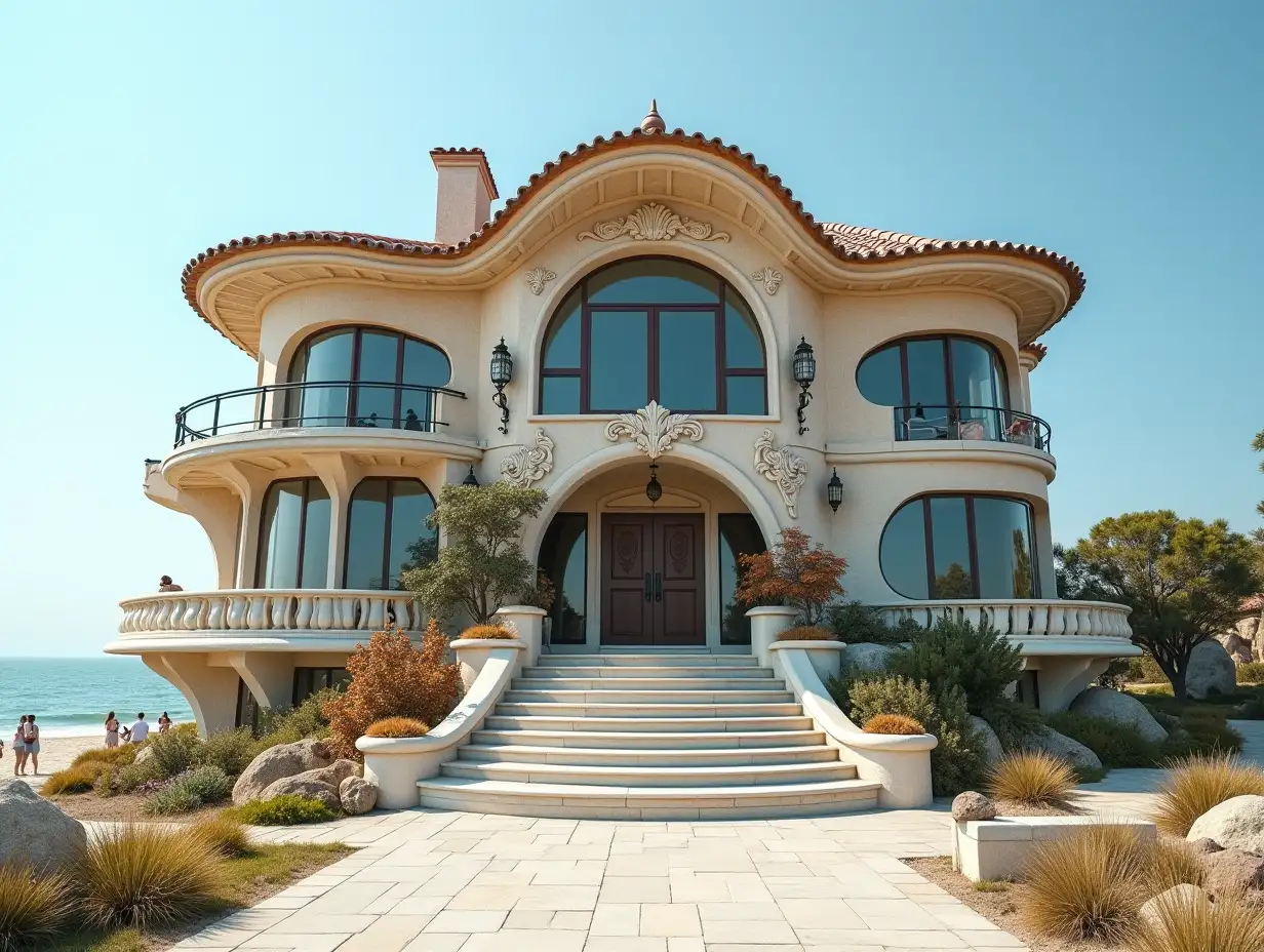 Crooked house with people at the beach  Plant decoration with stucco in the form of plant ornaments, large windows with glass closed, curved, smooth window shapes, winding grand entrance stairs made of marble complex, curved roof with dike, lanterns, bench at the beach with lending view to the sea 4K resolution colorful wide-angle shots