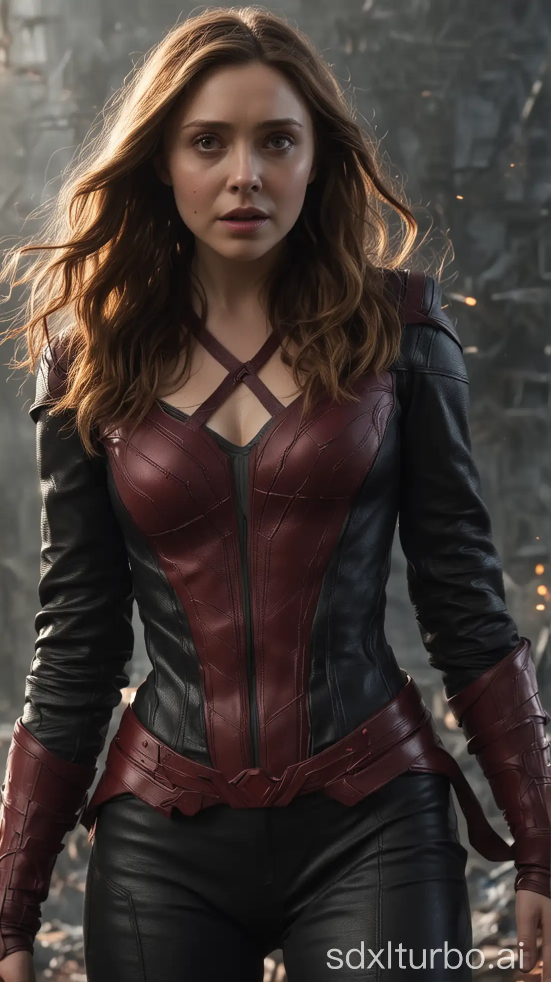 Elizabeth Olsen as scarlet witch Wanda maximoff, nighttlight destruction with Spiderman togather