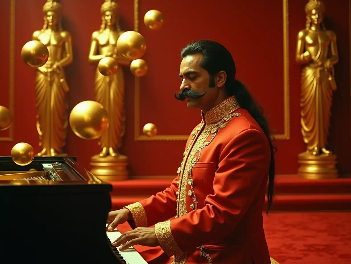 Maharaja-Playing-Piano-with-Golden-Spheres-in-a-Red-and-Gold-Palace