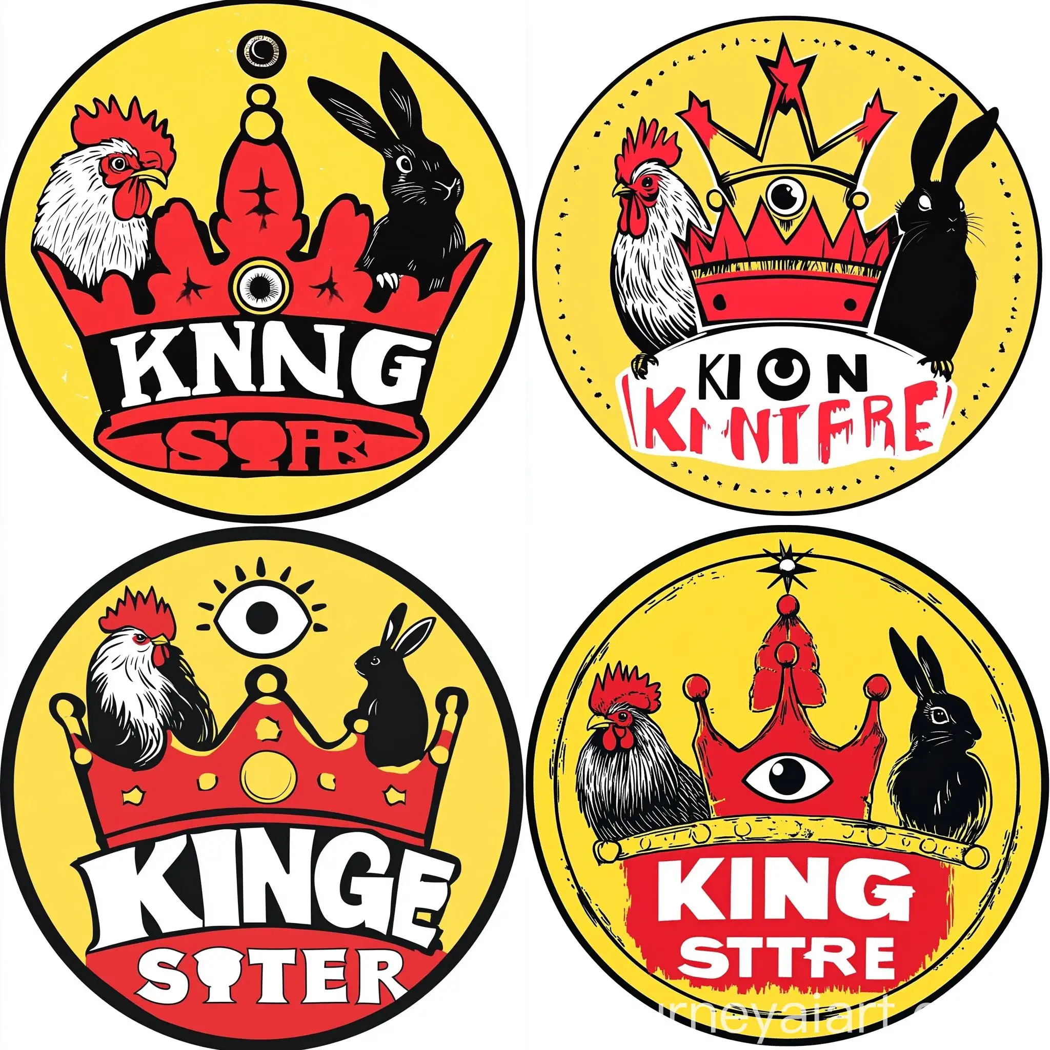 Modern-Circular-Logo-with-Red-Crown-Rooster-Rabbit-and-Eye